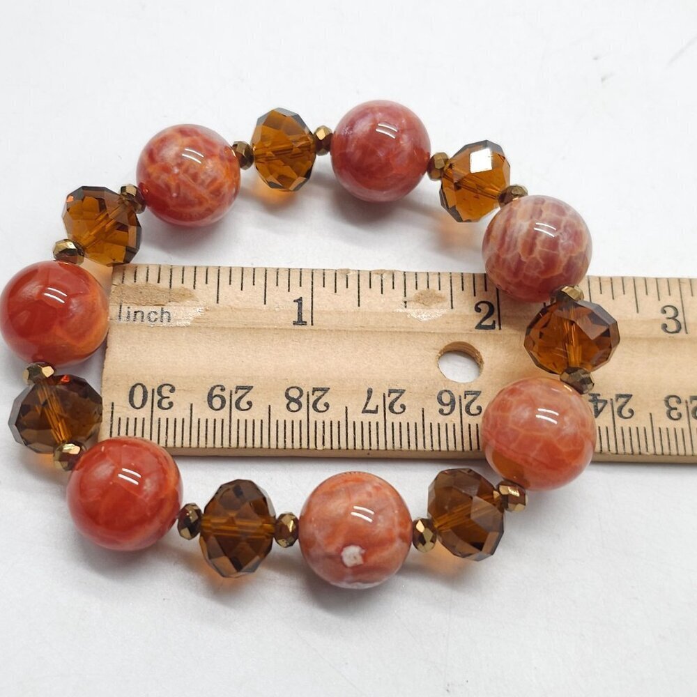 Red Onyx Amber Glass Bead Stretch Bracelet Vintage Handmade Jewelry - Picture 4 of 4